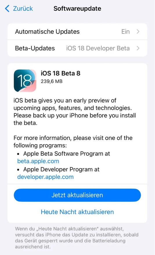 会宁苹果手机维修分享苹果 iOS / iPadOS 18 开发者预览版 Beta 8 发布 